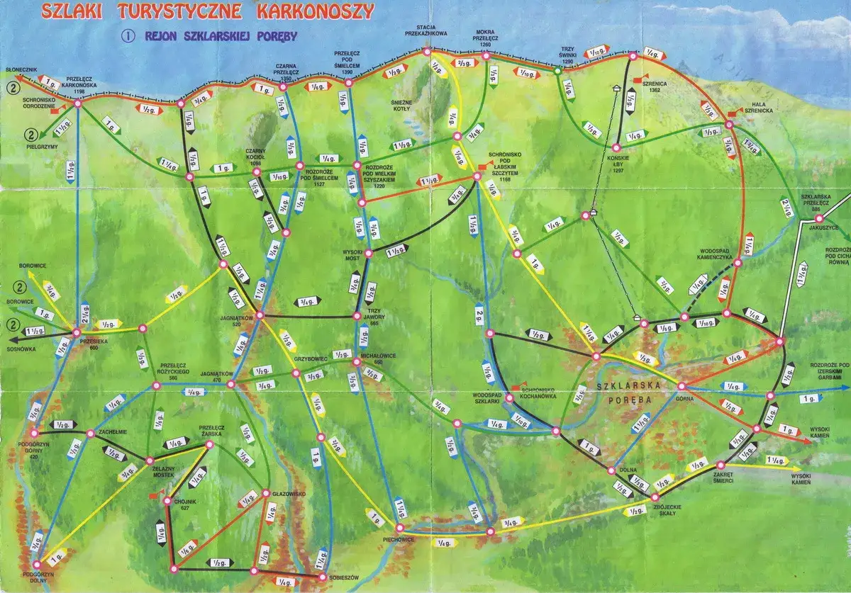 Mapa turystyczna Karkonoszy z zaznaczonymi szlakami. Widać tu m.in. Szklarską Porębę, Śnieżne Kotły, Szrenicę i wiele innych punktów.