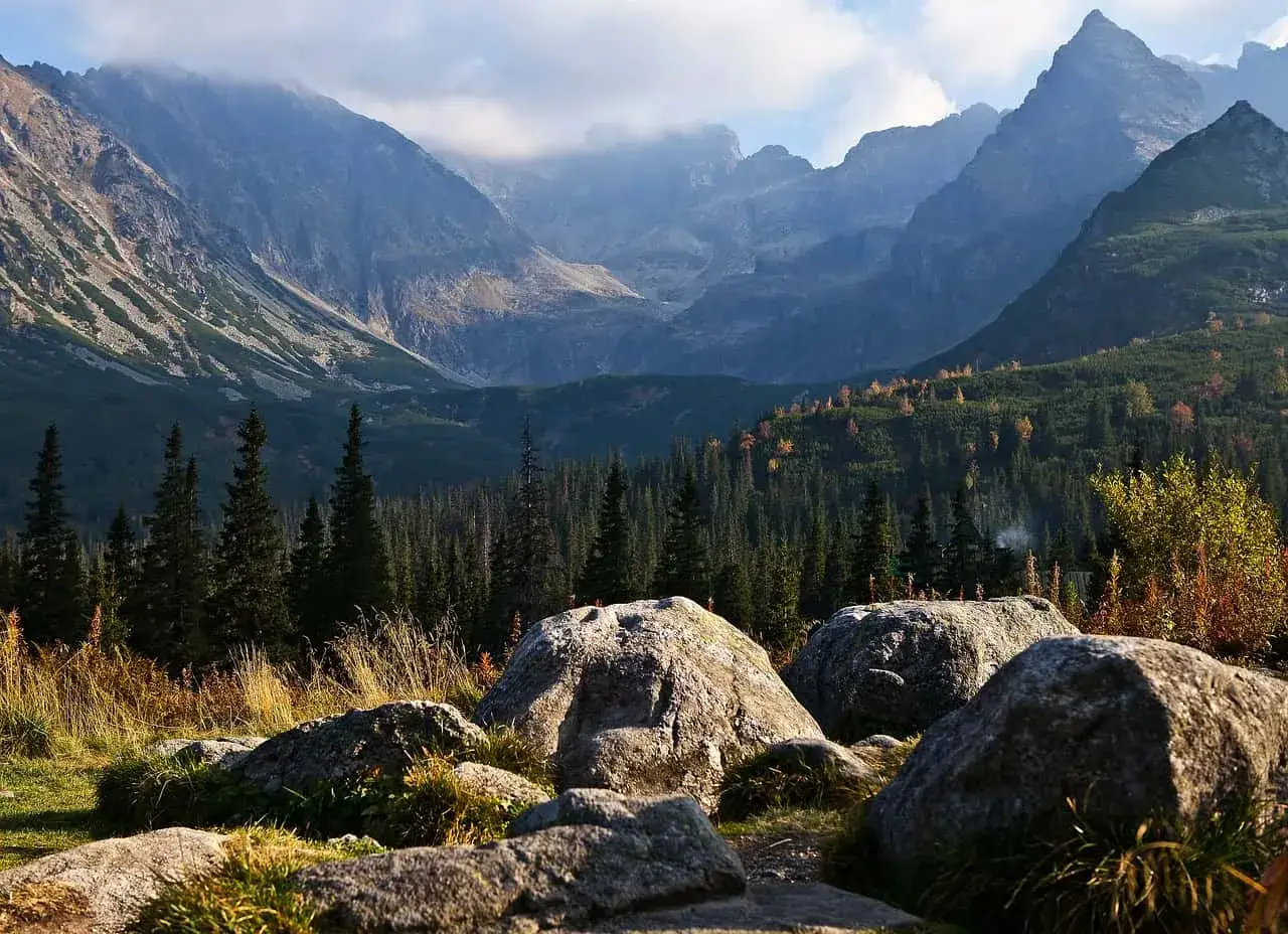 Górski krajobraz z Tatr, idealny na jednodniowe zakopane atrakcje. Skaliste szczyty, las i kamienie.