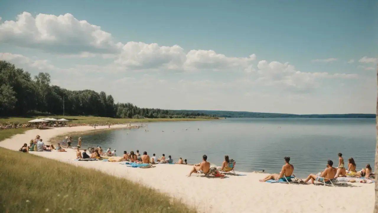 Ludzie odpoczywają na piaszczystej plaży nad spokojnym jeziorem Ostrzyce. Słońce grzeje, chmury płyną po niebie.