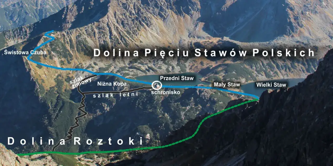 Mapa szlak&oacute;w w Dolinie Pięciu Staw&oacute;w Polskich i Dolinie Roztoki. Widok z lotu ptaka na g&oacute;ry, jeziora i ścieżki.