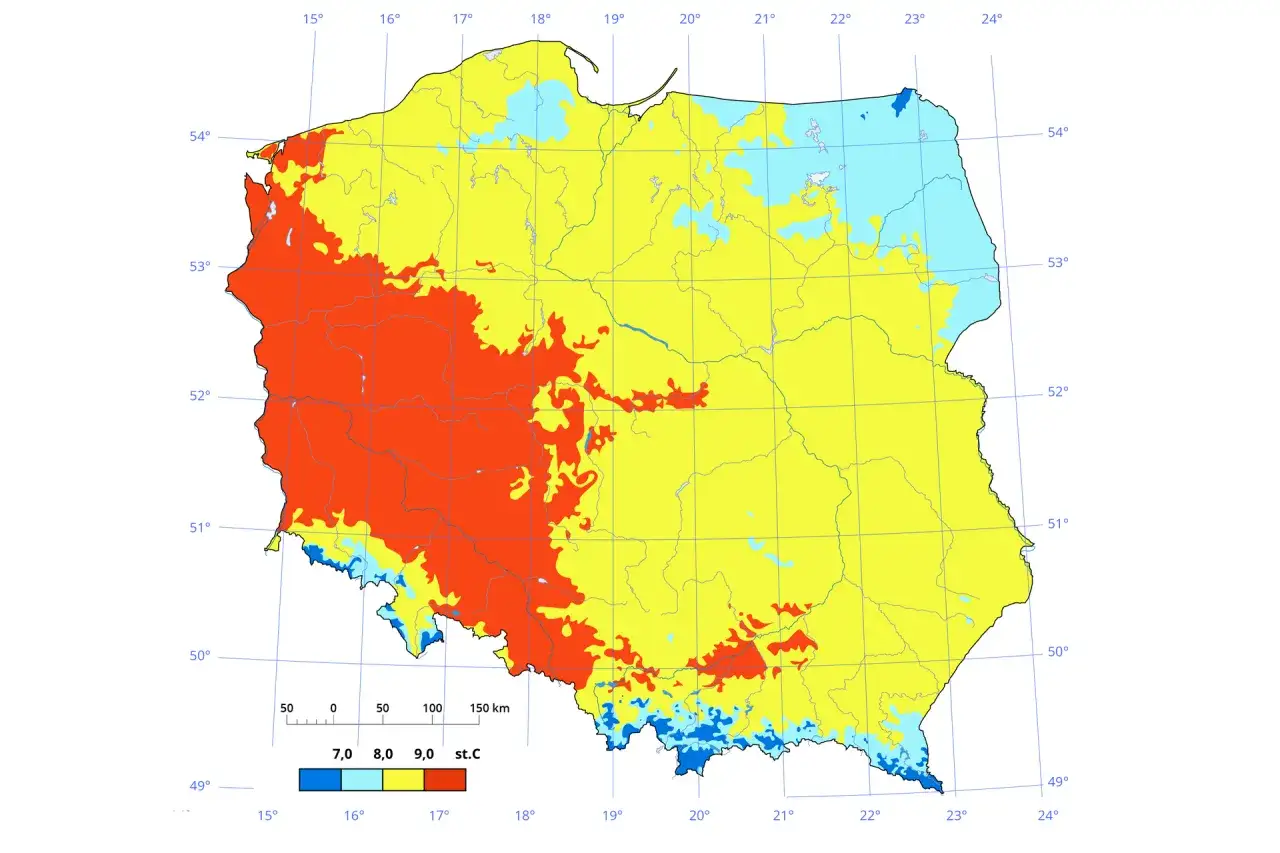 Mapa Polski z zaznaczonymi temperaturami. Czerwone obszary to najcieplejsze regiony Polski, ż&oacute;łte i niebieskie to chłodniejsze.