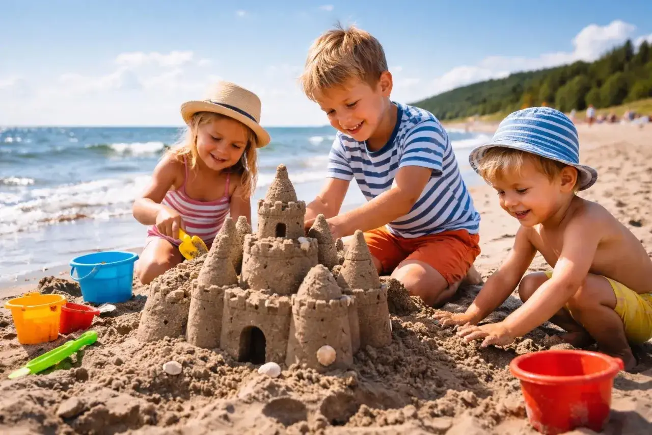 Dzieci budują zamek z piasku na plaży, świetne atrakcje dla dzieci Łeba. Radość i zabawa na wakacjach.