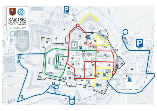 Mapa Zamościa z zaznaczonymi trasami spacerowymi i parkingami. Odkryj zamość atrakcje, zwiedzając fortyfikacje i rynek.