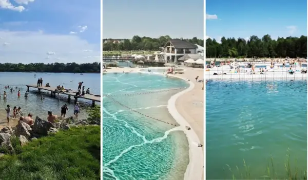 Letnie wypoczynki na kąpieliskach Małopolska: ludzie kąpią się i opalają nad jeziorem, w nowoczesnym basenie i na plaży.